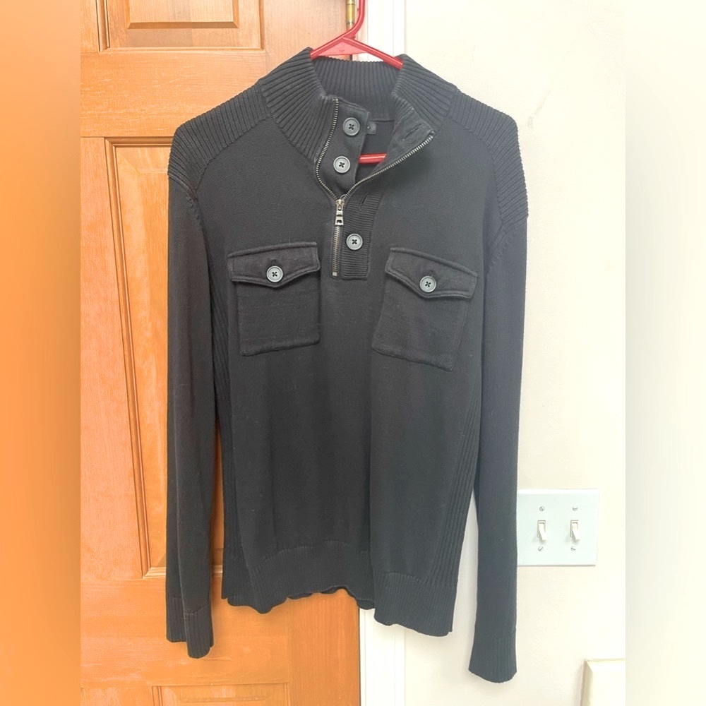 INC men’s 100% cotton black three-quarter zip button sweater